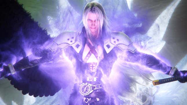 Sephiroth glows purple as he levitates. 