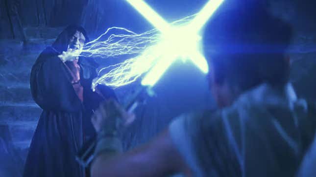 A screenshot shows The Emperor fighting Rey in Episode 9. 